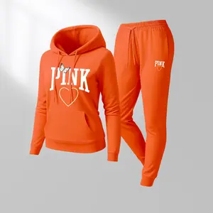 Women's Pink Heart Print Hoodie & Drawstring Sweatpants Set Casual Sportswear Long-Sleeved Hooded Jacket & Pants for Autumn Winter Everyday Wear Indoor Outdoor