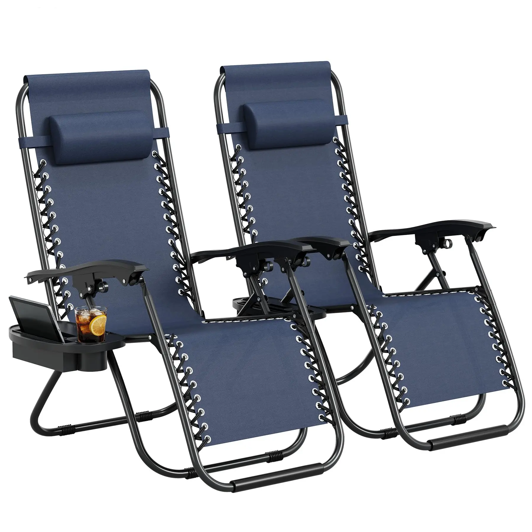 Set of 2  Outdoor Chaise Lounges with Cup Holder Trays - Adjustable Folding Indoor Outdoor Chairs, Space Saving Beach Furniture for Poolside Camping Patio Outdoor  tanning chair Folding Lawn Chair Folding Beach Lounger