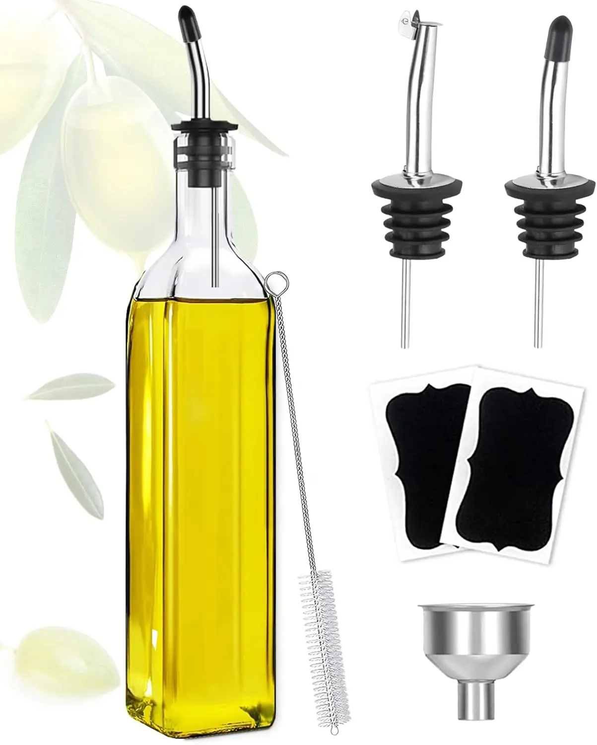 Olive Oil Dispenser Bottle, Oil and Vinegar Cruet Bottle 17oz/500 ml, Square Tall Glass Oil Container with 2 Stainless Steel Pourers, 2 Labels,1 Brush and 1 Funnel Oil Bottles for Kitchen