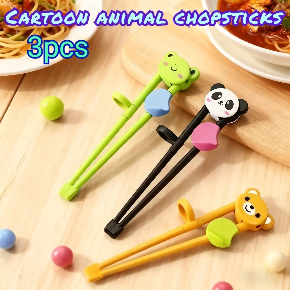 3-Piece Kids' Ergonomic Training Chopsticks Set with Cartoon Animal Toppers, Reusable Toddler Cutlery for Beginners, Portable Learning Utensil Helper