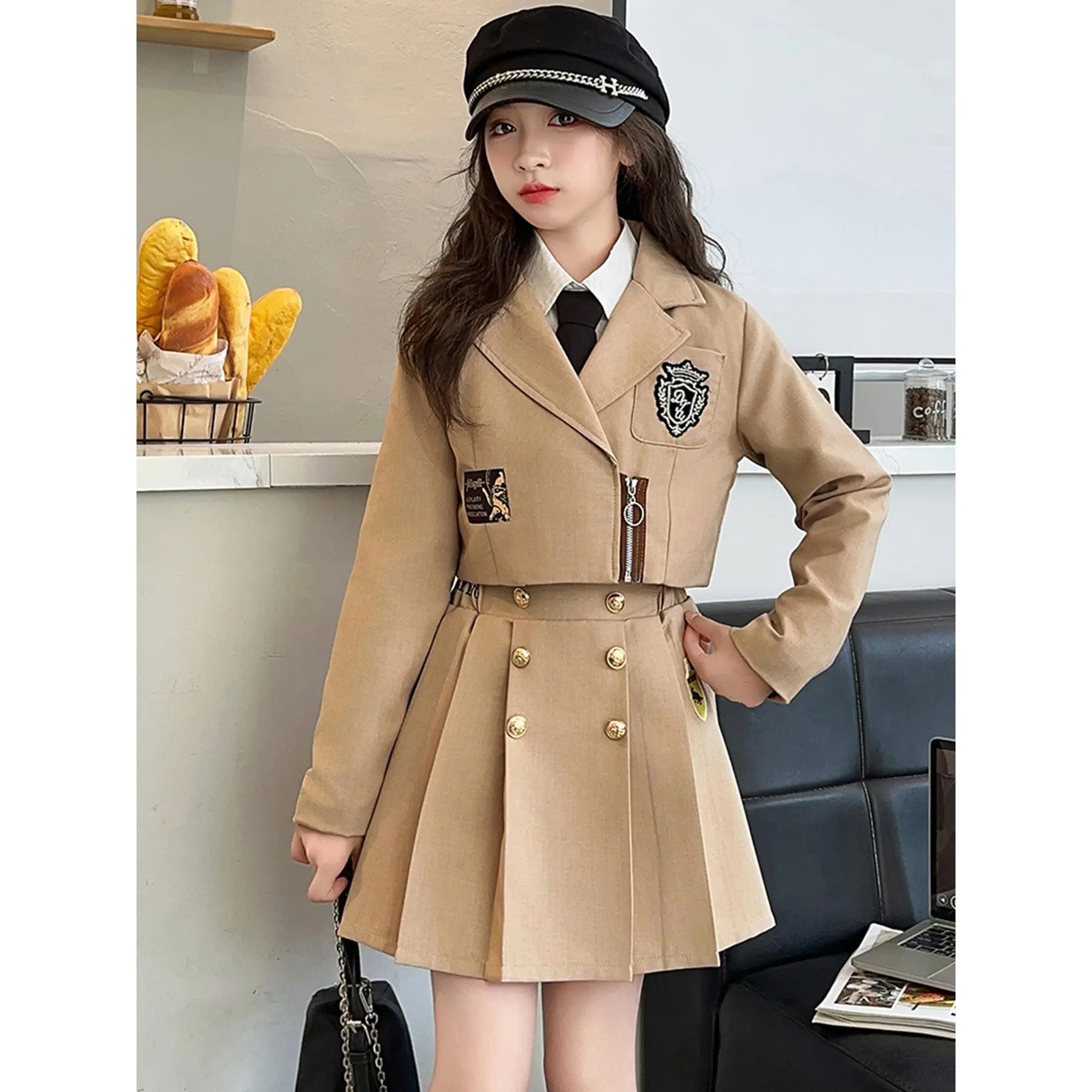 Girls' Autumn British Academic Style JK 2-Piece Uniform Set for Tweens - Blazer & Pleated Skirt, Back to School Clothes for School & Parties