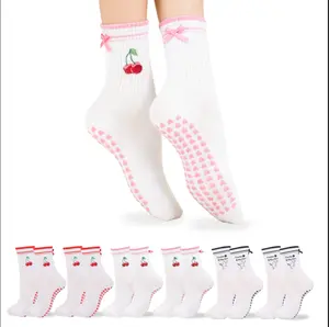 MhzyCaus 6 Pairs Mixed Cute Design Yoga Socks - Cherries, Bees, Lemons & More with Non-Slip Grips + Bow/Cuff Accents for Yoga, Pilates, and Everyday Use Grip Socks with Grippers Breathable Moisture-Wicking Sports Socks athletic fit Anti-Slip workout White
