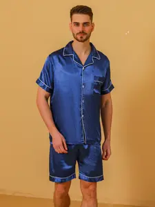 Men's Sleepwear Loungewear Pajama Set, Spring Summer Trendy Fashion Solid Color Pattern Short Sleeve + Shorts, Casual Wearable Home Clothing