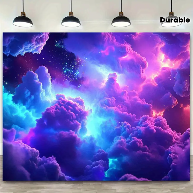 Cosmic cloud blacklight tapestry with UV reactive glow in vibrant purple, pink, blue, green design.Durable polyester fabric in multiple sizes for bedroom, living room, dorm, or party decor.Ideal for housewarming or anniversary backdrop. Starry Sky Pattern