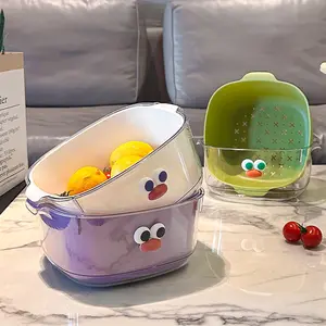 Cute 2-Tier Dopamine Colander: 2-in-1 Fruit & Veggie Washing Basket with Double Drainage, Thickened Home Kitchen Strainer