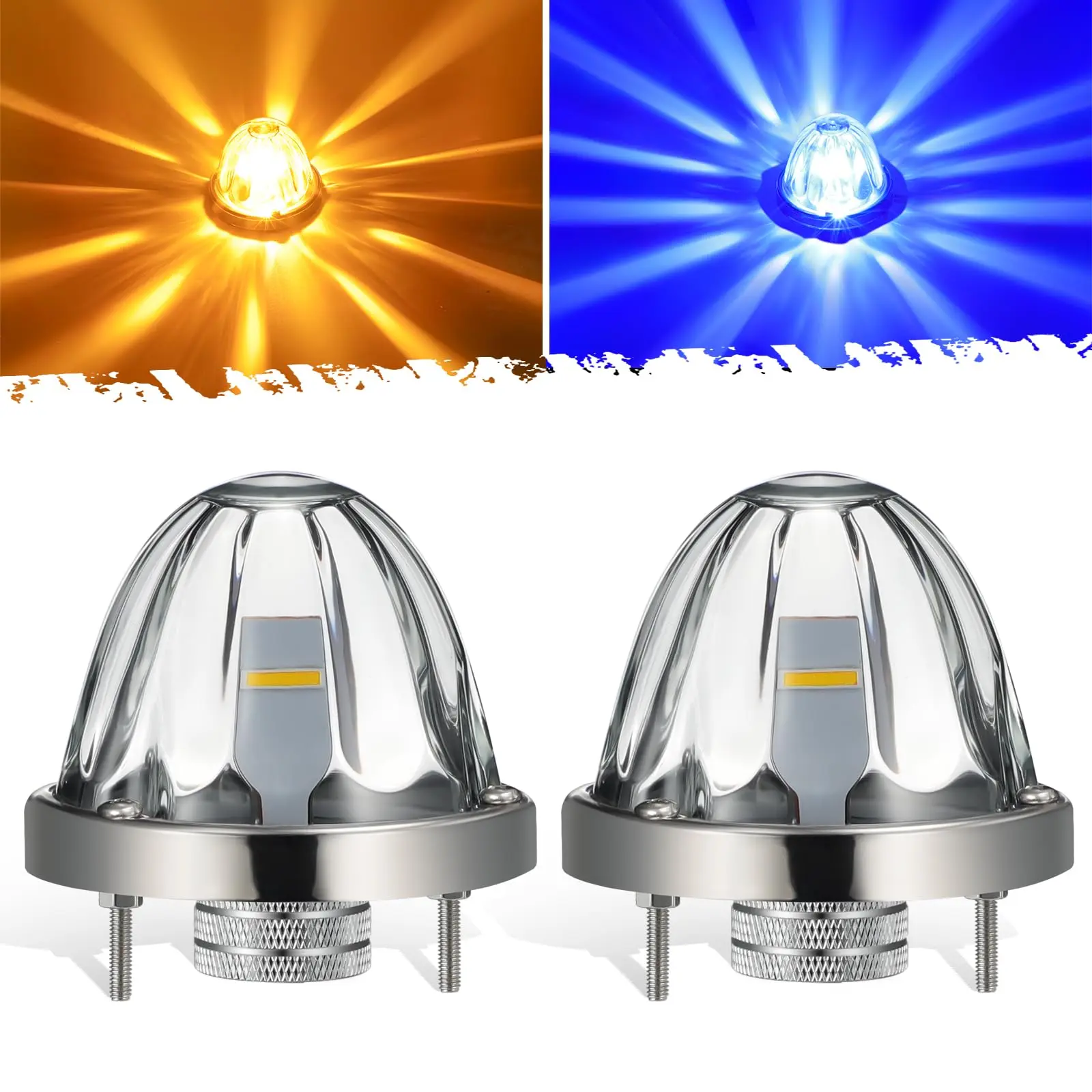 Partsam Dual Color Glass Watermelon Lights with Stainless Steel Bezel, Amber/Blue LED Watermelon Turn Signal Marker Lights for Kenworth Peterbilt 2Pcs