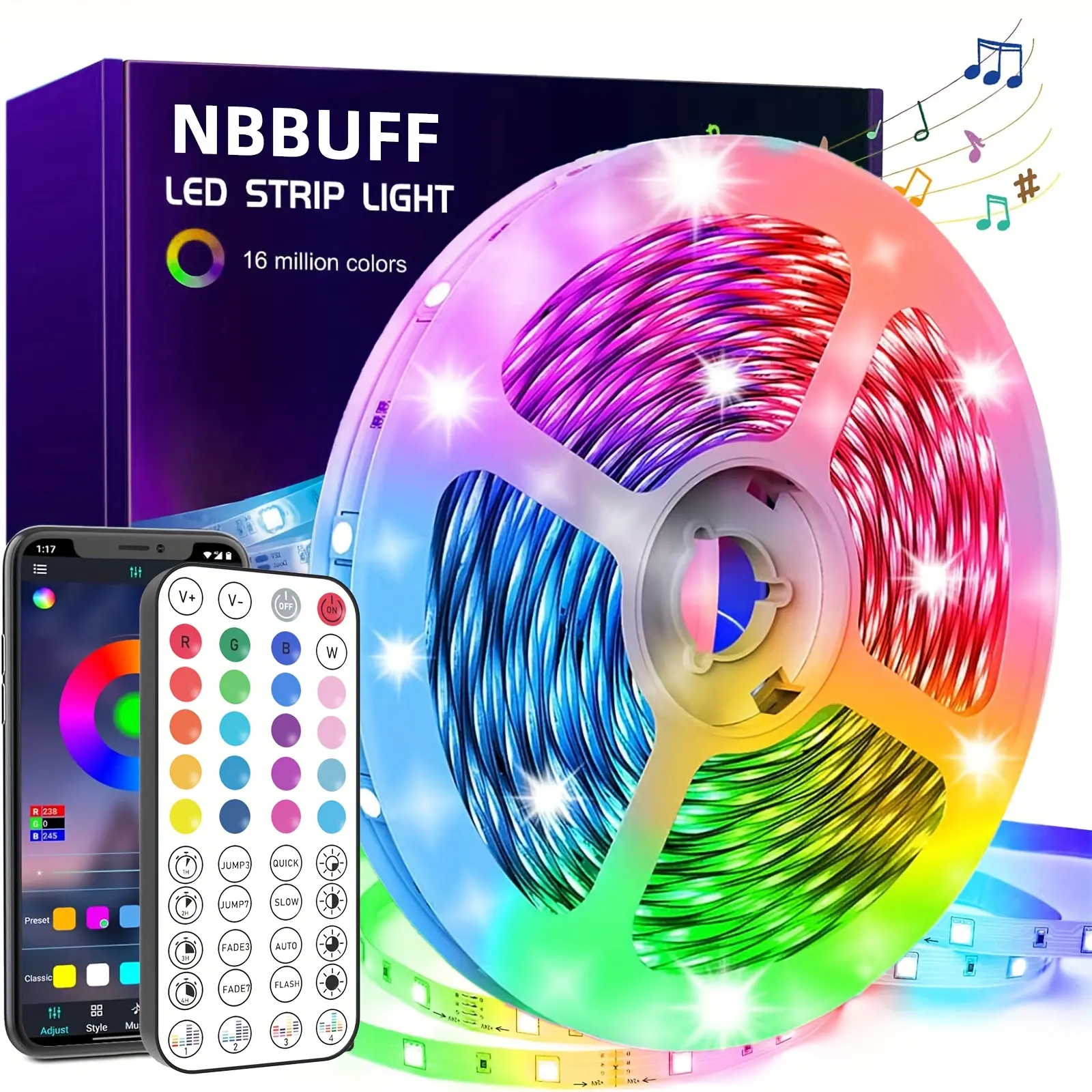 100 FT Adjustable Smart LED Strip Lights, RGB Color Changing LED Light String with APP & Remote Control, Music Sync Ambient Lighting for Bedroom, Room Party, Holiday, Wedding, Christmas & Halloween Home Decor