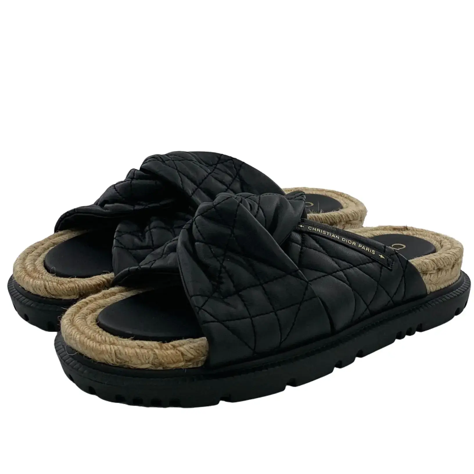 RDLT-Dior Size 39.5 Dtwist Black Quilted Knot Espadrille One‑Strap Flat Slides-H38127