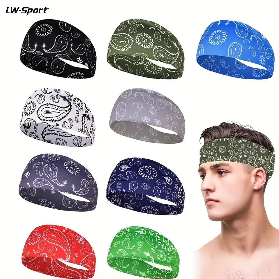 Classic Paisley Bandana Print Headbands, Non Slip Moisture Wicking Wide Sports Headbands, Stretchable Unisex Boho Head Wraps for Running Yoga Gym Music Festival Daily Wear Men Women