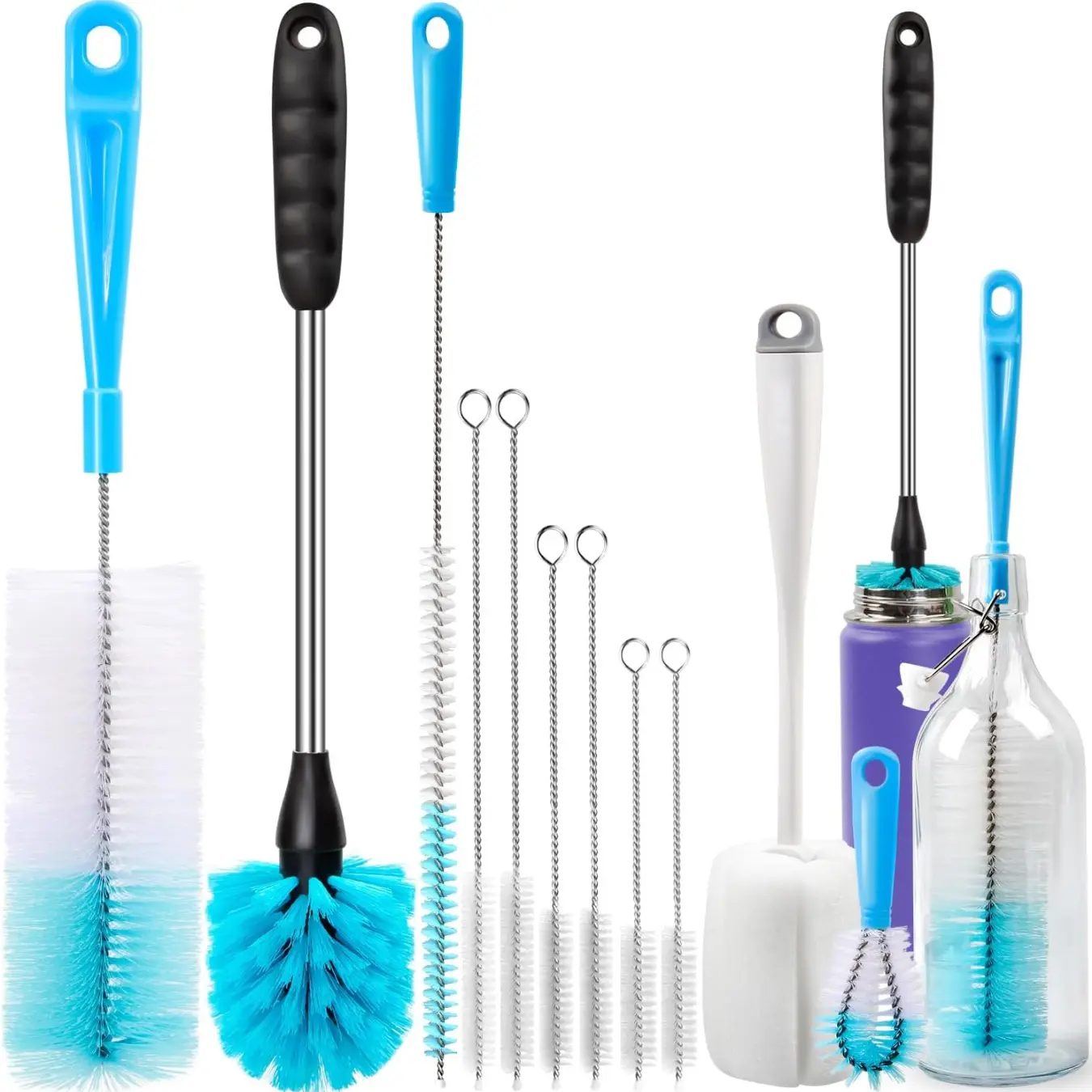 Bottle Brush Tube Cleaning Lab Set with Long Handle, Cup Cleaner for Washing Narrow Neck Beer Wine Decanter Pipes Lids Sinks Cap Covers, White