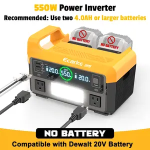 550W Portable Power Inverter Compatible with Dewalt 20V Battery, Battery NOT Included, Power Station DC 18V to AC 110V Pure Sine Wave, Battery Power Adapter 2 USB-A & 1 Type-C & 2 AC Outlet, Generator Phone Charger LED Light Camping Emergency