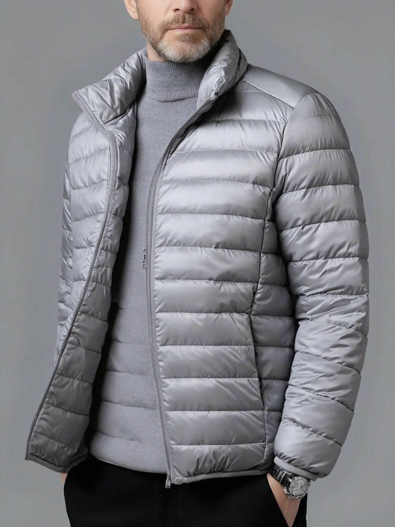 Men's casual, Plain, simple stand-up collar (rib pattern) outdoor jackets and coats, slim fit, light and windproof, suitable for daily casual outdoor outings in autumn and winter
