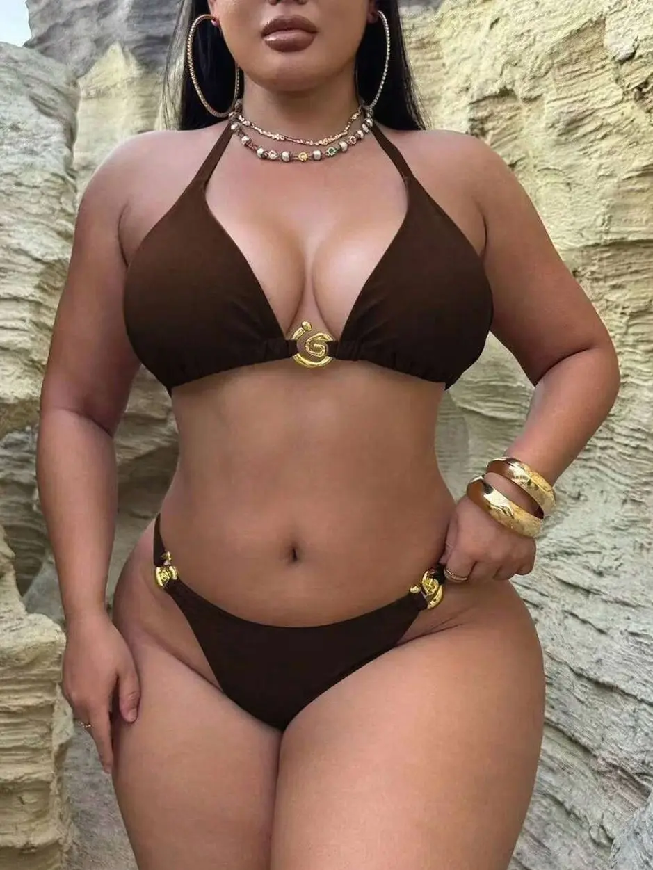 Plus Size Halter Sequin Bikini, Sparkly Spiral Decor Swimsuit for Beach Vacation