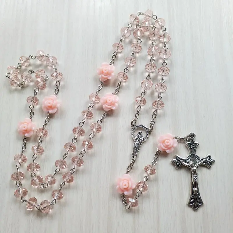 Crystal Cross Necklace, Vintage Pink Rose Catholic Rosary with Acrylic Beads, Long Religious Jewelry for Women, Crystal Cross Necklaces, Pendant With Necklace