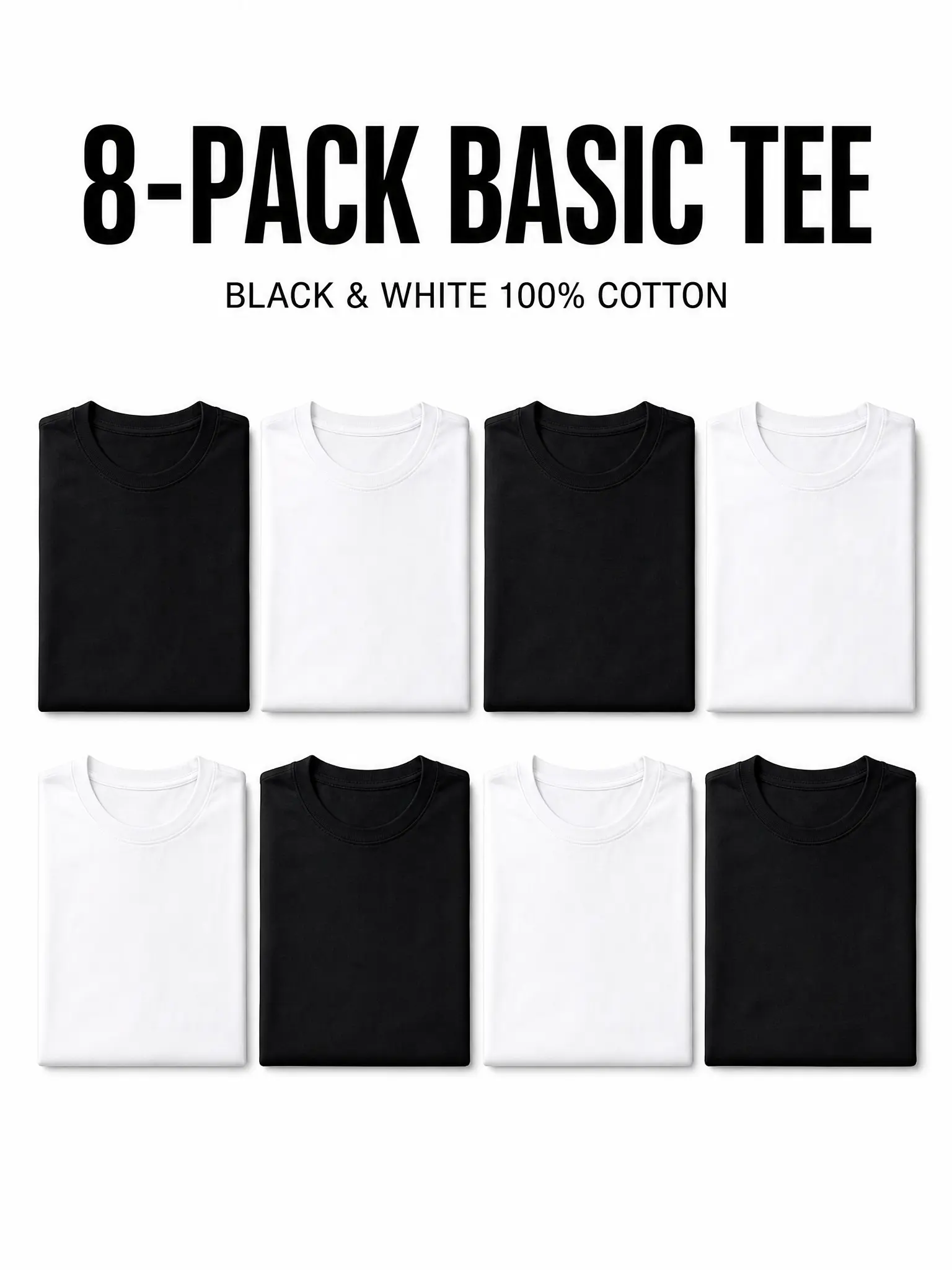 Unisex 8-Pack Comfortable Cotton Crew Neck T-Shirts, Customizable Multi-Colors, Regular Fit 5XL Plus Size, Men Women Comfy Soft Casual Streetwear Tee Tops, Basic 180gsm Breathable Pack  , Black White Assorted Multi-Colors, easy care, everyday tshirt
