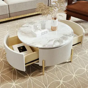 Modern Coffee Table Round Living Room Center Table with 2 large Drawers Storage Accent Table(31.5'')