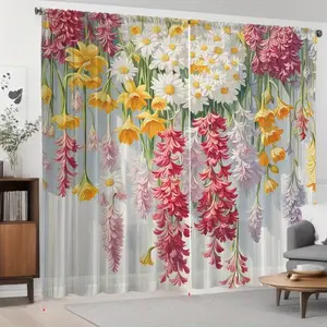 Colorful Floral Fringe Wall Print Curtains, 2 Piece Set Modern Design, Durable Polyester Fabric, Ideal for Living Room Bedroom Kids' Room Home Decor