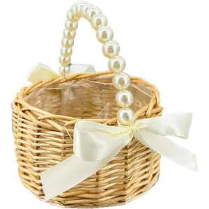 Wicker Rattan Flower Girl Basket with Bows, Handle Flower Basket,Wedding Flower Girl Basket and  Decorations. (1)