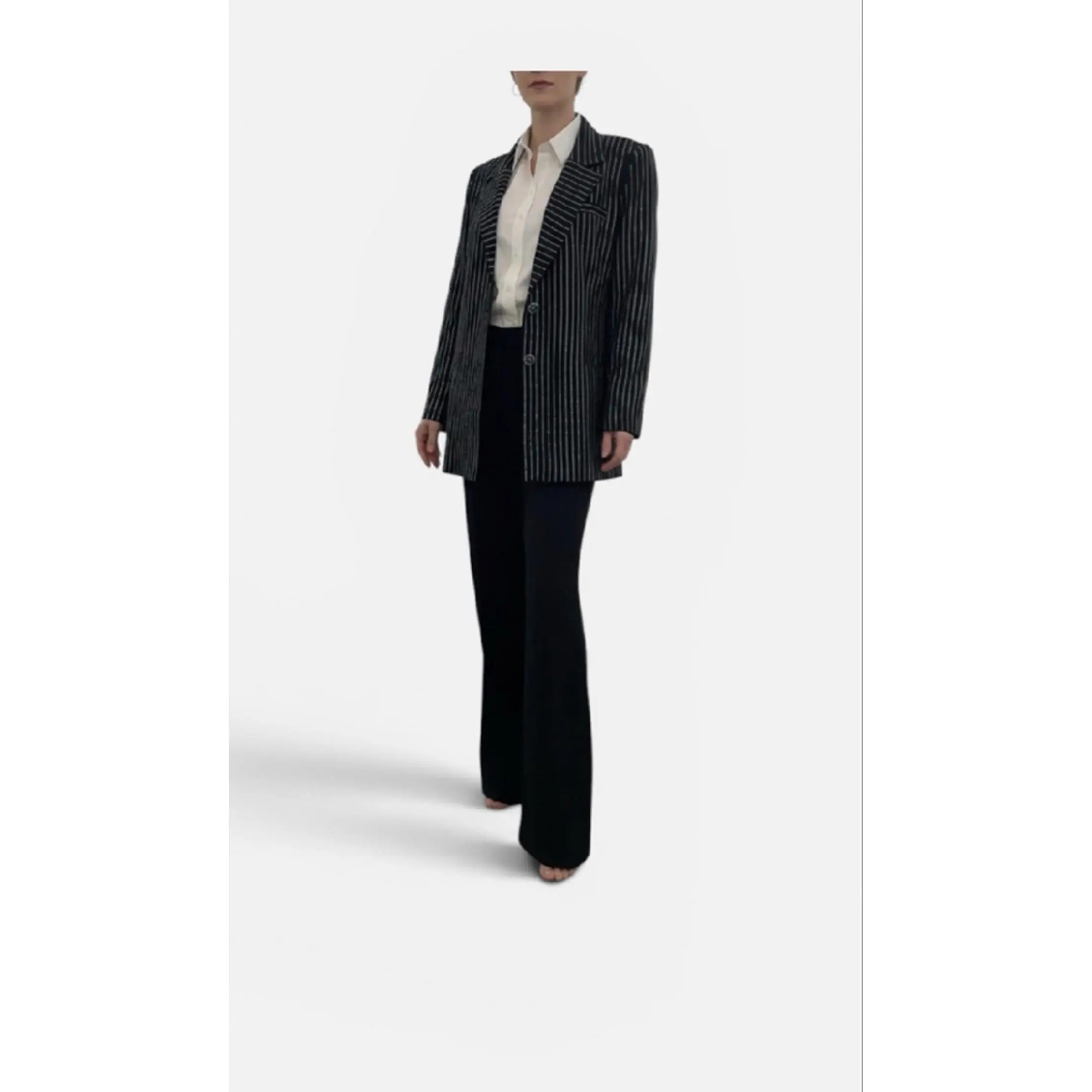 Classic Black Pinstripe Two-Piece Pantsuit - Tailored Blazer & Straight-Leg Trousers for Office & Special Occasions - Sizes L, XL, 2XL