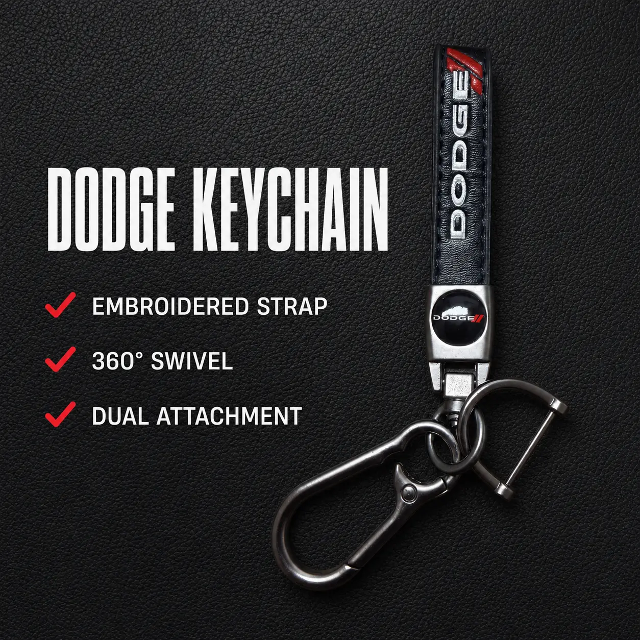 Dodge Car Keychain for Charger, Challenger, Durango - Embroidered Black & Red Strap, Metal Clip, Key Ring - Automotive Interior Accessory Gift for Drivers