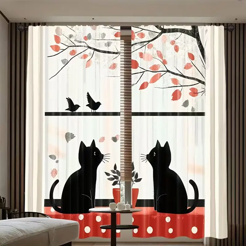 Couple Cat Print Curtain Set, Window Drapes, Window Curtains, Elegant Fabric Design, Ideal for Living Room/bedroom/kitchen, Home Decoration Curtain, Home Decor Choice