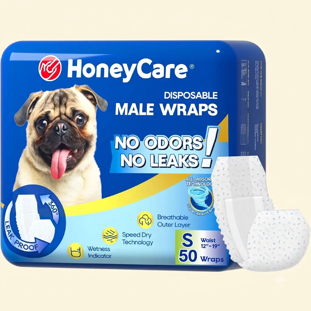 HONEY CARE All Absorb A26 Male Dog Wrap 50 Count Small Disposable Leakproof Diapers With Wetness Indicator For Dogs