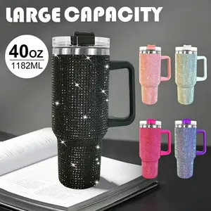 40oz stainless steel water cup with handle, crystal inlaid decoration all over the body, double-layer vacuum insulated cup with handle and straw, suitable for home and outdoor use, can be used as the perfect gift for family and friends