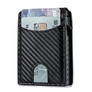 Minimalist Carbon Fiber RFID Blocking Card Holder, Slim Metal Pop Up Credit Card Wallet for Men