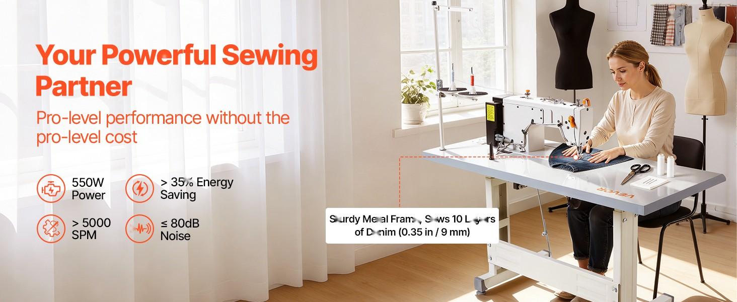 Industrial 550W Lockstitch Sewing Machine Set With Servo Motor And Table Stand, High Speed 5000 SPM, All Metal Frame, LCD Panel, Bright LED Work Light, Quilting And Garment Sewing For Cotton Wool Denim Leather Canvas