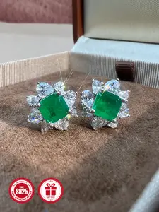 Women S925 Silver Vibrant Earrings, Stud Earrings, Synthetic Emerald Gemstone & 5a Zirconia, Wedding Anniversary Gift, Mother's Day Present, Birthday Party Jewelry, Elegant Earrings, Luxurious Earrings