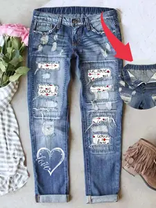 Women's Patch Ripped Distressed Mid-Waist Boyfriend Fit Washed Cute Print Loose Denim Jeans Elastic Waistband Breathable Comfy for All Seasons