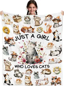 Cat Gifts for Women, Cat Blanket for Women, Cats Lover Blanket for Girls, Just A Girl Who Love Cats, Cat Themed Gifts Idea, Cartoon Cat Blanket for Girls 40" x 50"