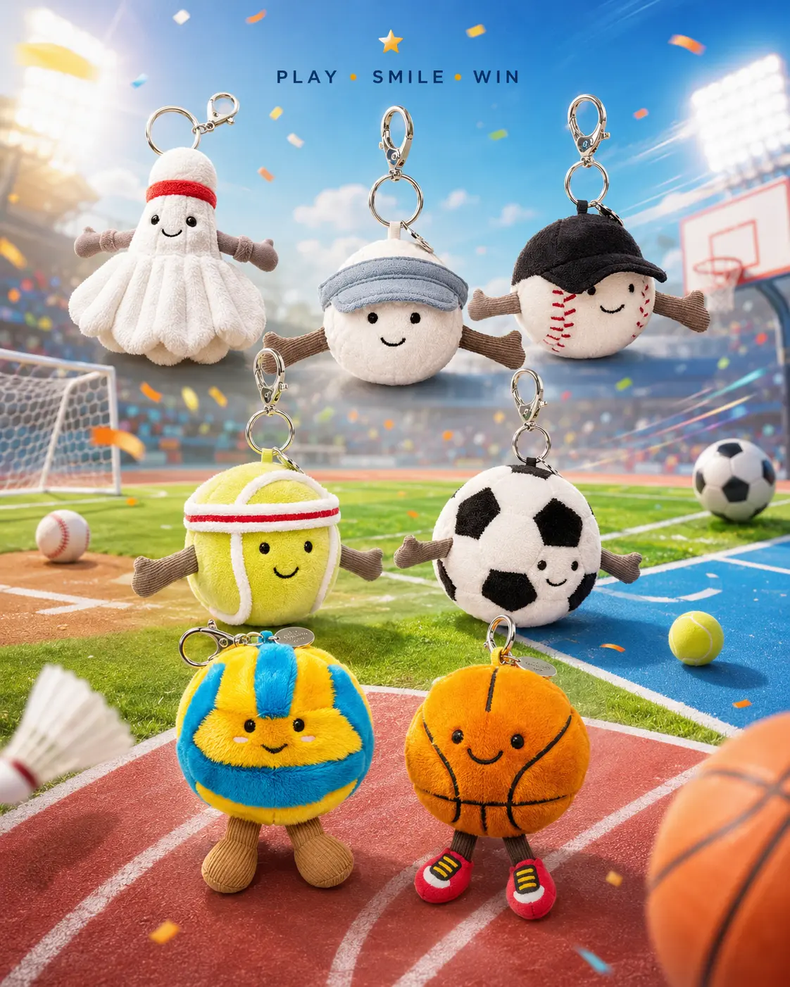 Jellycat Sports Keychain Collection, Cute Plush Bag Charms, Soccer Basketball Tennis Baseball Badminton Accessories, Athlete Gift, Backpack Purse Charm
