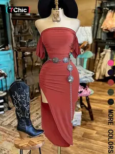 1 Piece Spring & Summer Sexy Off-Shoulder Ruched Bodycon Maxi Dress - High Slit Design Alluring Style for Evening Events and Clubwear （Belt not included） Womenswear