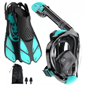 Snorkeling Gear for Adults: Dry Top Full Face Snorkel Mask & Adjustable Swim Fins Snorkel Set,Panoramic View,Safe Breathing System Anti-Leak Anti-Fog