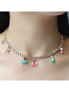 Trendy Christmas Enamel Necklace & Earring Gift Set, Sweet Winter Snow House Stocking Pendant, Copper Claw Chain Holiday Festive Jewelry for Women