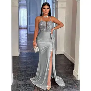 Back Zip Up Backless Spaghetti Strap Sequin Spliced Maxi High Waist And Side Slit Ribbon Slim Fit Elegant Evening Dress Women's Prom Dress, Party Dress, Wedding Guest Dress, Womenswear  Workwear Grey Print Sleeve Anniversary Birthday Fabric Bottom