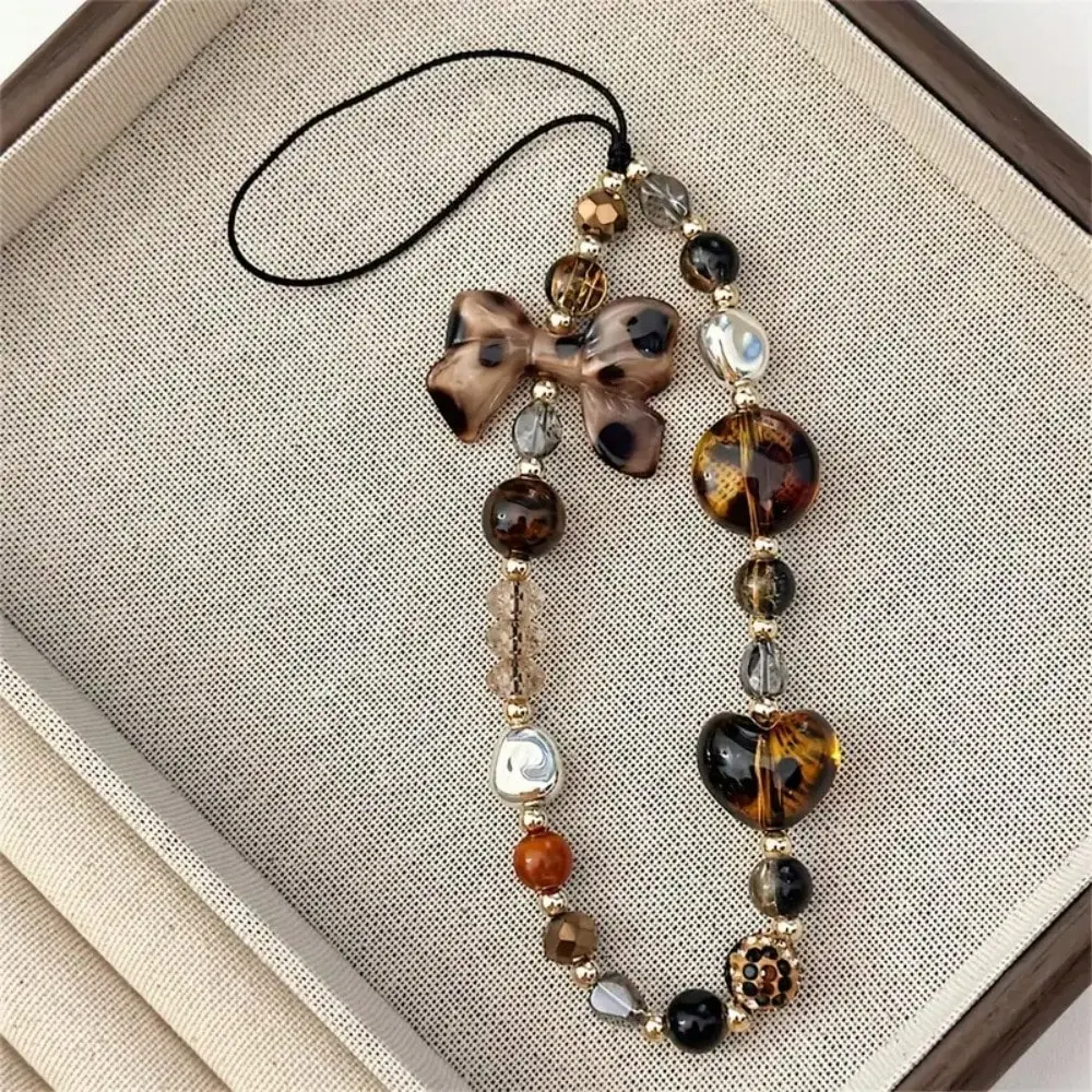 Retro Leopard Print Phone Wrist Strap, Women's Aesthetic Beaded Cellphone Chain with Bow, 1-Piece Anti-Lost Hanging Phone Accessory, Phone Accessories, Animal Print
