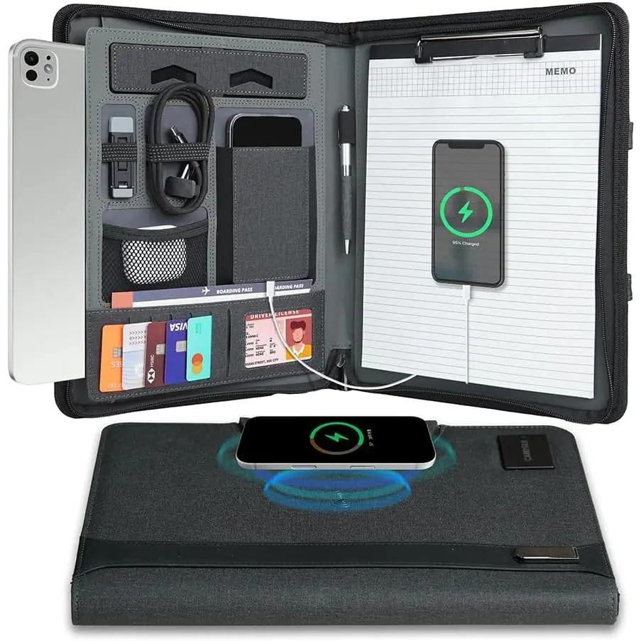Zipper Padfolio, Portfolio Binder Organizer with 8000mAh Power , Portfolio for Resume, Documents, Phone, Tablet, Business Supplies, Notebook Organizer with
