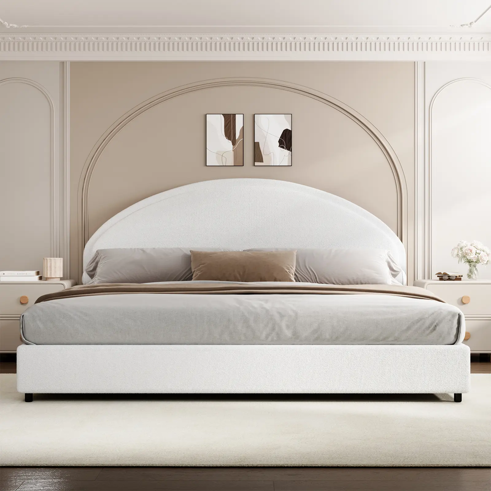 [SummerWins] HOMBCK Boucle Upholstered Bed Frame with Round Arch Headboard, Modern Platform Bed in Soft Textured Boucle Fabric, Available in Multiple Sizes (Twin, Full, Queen, King), No Box Spring Required, Quick and Easy Assembly#home essentials