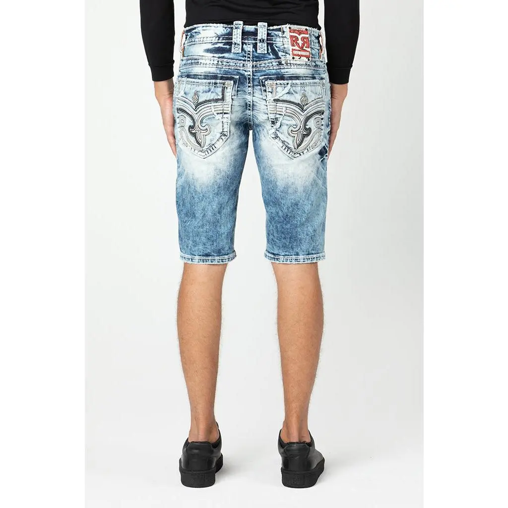 Rock Revival Men's Tad Retro 90s Relaxed-Fit Faded Stretch Denim Jean Shorts - Mid-Rise, Embroidery, Leather Accents, Leather Patch, Pockets, Nickel Hardware, Grunge Vintage Style, Final Sale