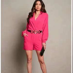 WOMEN Comfort LONG SLEEVE SURPLICE POCKETS BELTED ROMPER Jumpsuits Overalls Womenswear Outfit set