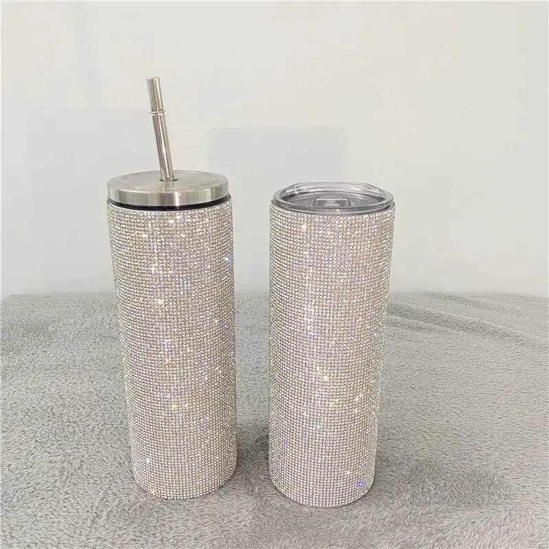 Luxury rhinestone bling bedazzled insulated coffee tumbler reusable metal straw Bottle Drink
