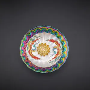 Rainbow Peacock Teacup Dazzling Twin Cranes Cup Inlaid with Golden Lotus