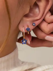 3 Pairs Blue Sapphire Flower Earrings Set, Rhinestone Pendant + Studs + Hoops, Luxury Layered Design, Hypoallergenic, Versatile Jewelry