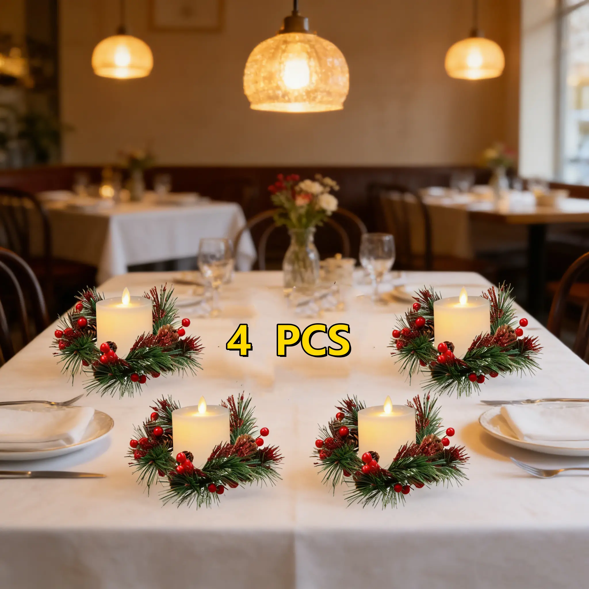 Artificial Candle Ring Wreaths with Flameless Candles Battery Operated LED Pillar Candleholders for Christmas Wedding Party Table Centerpiece Decor