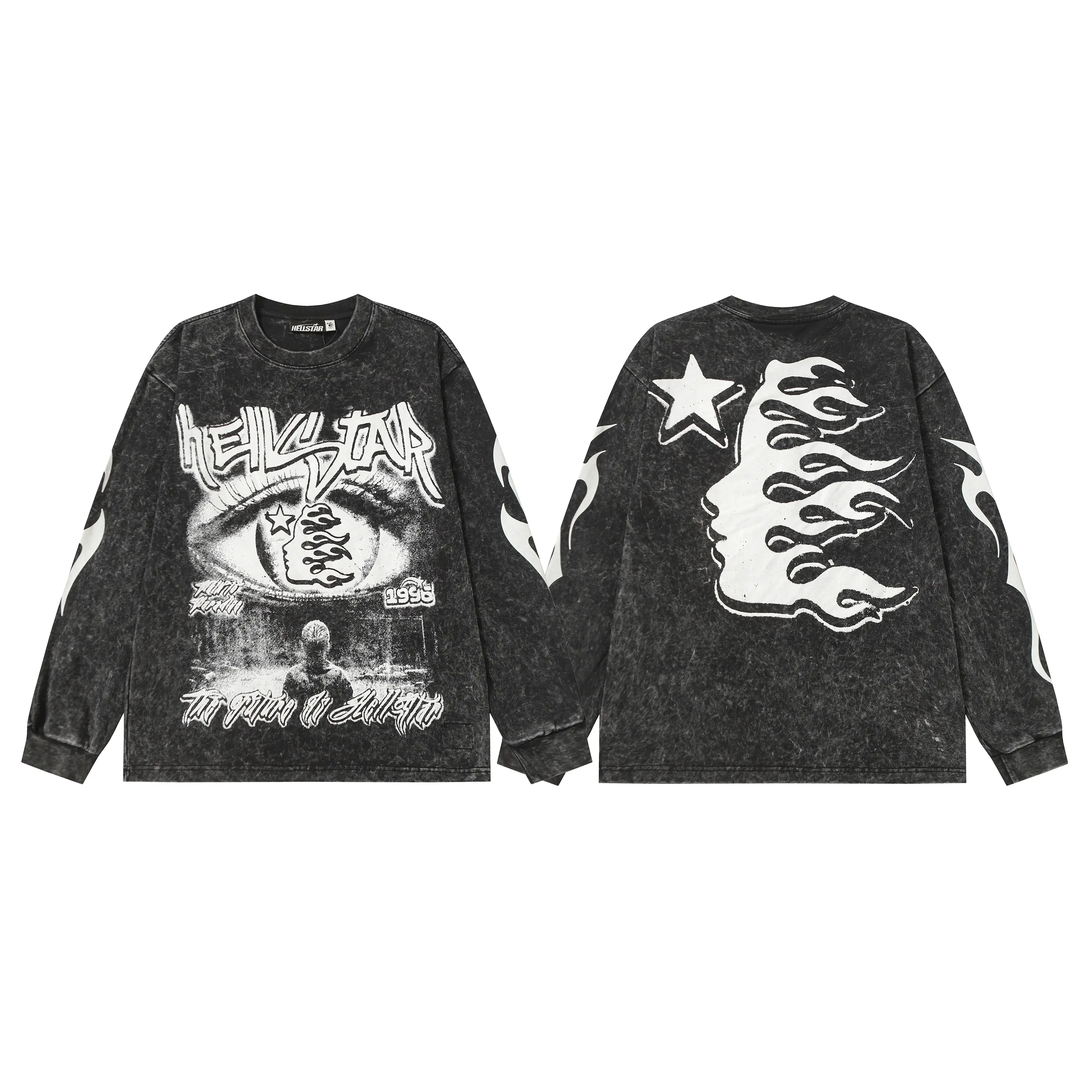 HELLSTAR Certified Professional Y2K Premium Quality Washed Black  Eye Graphic Sleeve Flame Long Sleeve T-Shirt Mens Standard Fit