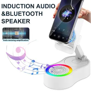 Wireless Induction Audio Bluetooth Speaker 5in1 Phone Holder Emergency Rechargeable (5000mAh) with Colorful Ambient Light 300° Foldable for Tablet iPhone Android, Gifts for Men Women