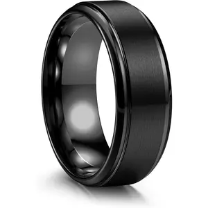 Smooth 1 Pc Black Round Thumb Rings for Men Women Classic Stainless Steel Wedding Rings 8MM Band for Engagement Rings Comfort Fit 6-14 Matte Surface Polished Edge Men Ring Jewelry Set, Black Cubic Zirconia, Elegant Ring, Daily