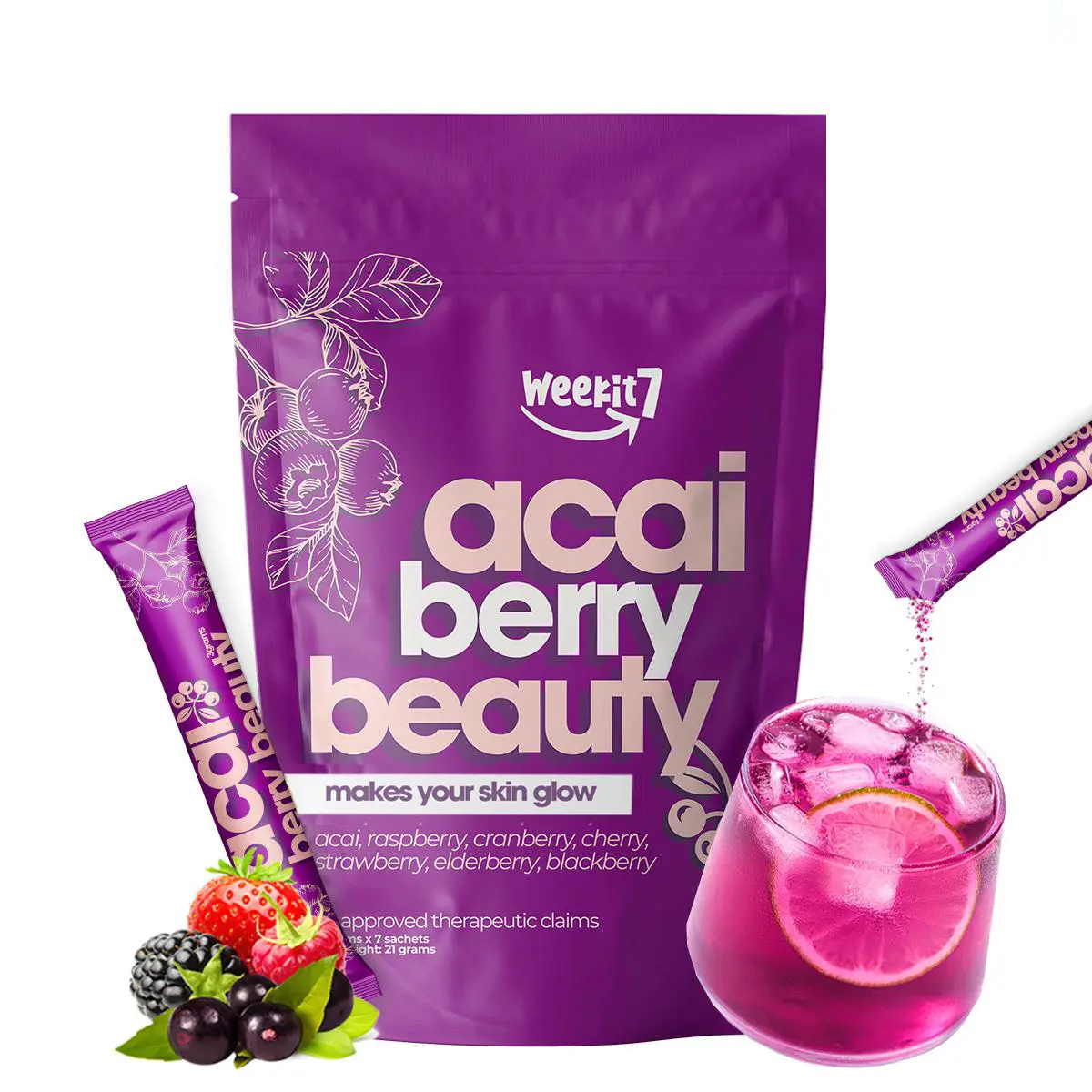 【WeeKit7】7-in-1 Edible Wellness Powdered Supplement Drink Mix - Acai, Strawberry, 7 Super Berries, Elderberry, Cranberry Blend, Vitamin-Infused, No Preservatives, Adults' Fitness Dietary Supplement for Skin Care, Immune Support
